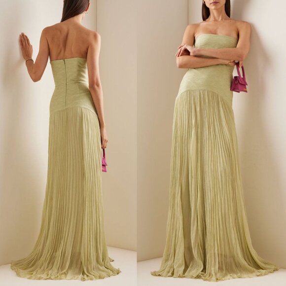 Alexis Sunniva Sage Green‎ Pleated Strapless Plissé Maxi Dress Gown Size L - Picture 1 of 14